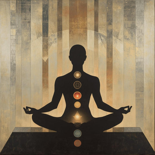 Les sept chakras alignés sur une silhouette méditative, illustration moderne