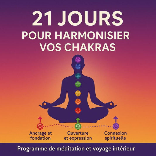 programme de méditation pour harmoniser les chakras en 21 jours, avec silhouette en méditation et symboles des 7 chakras alignés