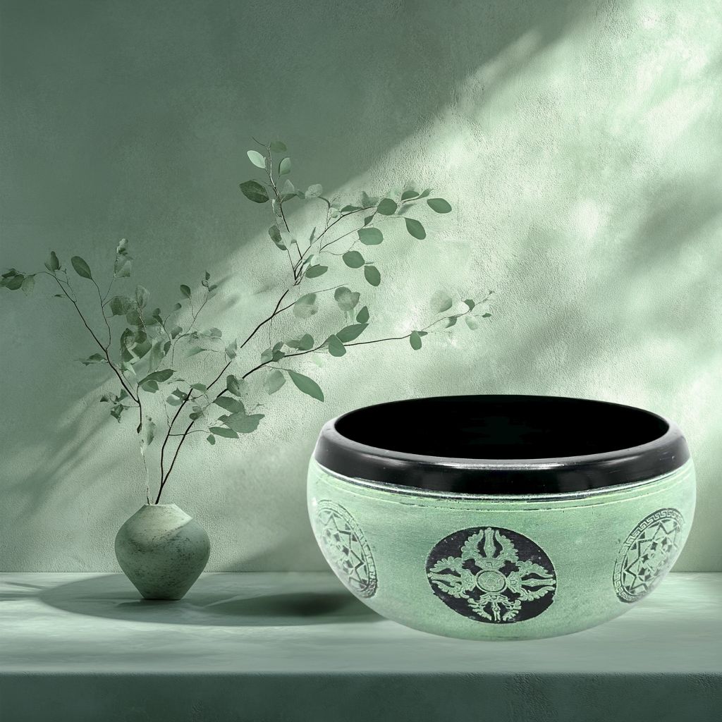 Un bol tibétain vert en poudre de terre, décoré de mandalas dans une ambiance zen et apaisante