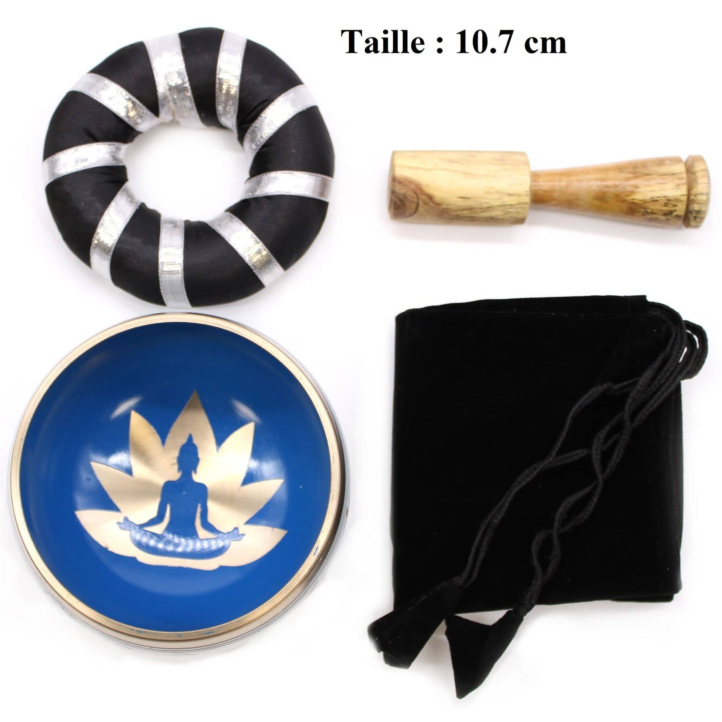 Intérieur bol tibétain bleu de 10,7 cm avec une fleur de lotus dorée et un Bouddha bleu, bordure dorée, accompagné d'un fuseau en bois, d'un coussin noir et argent, ainsi que d'un sac.