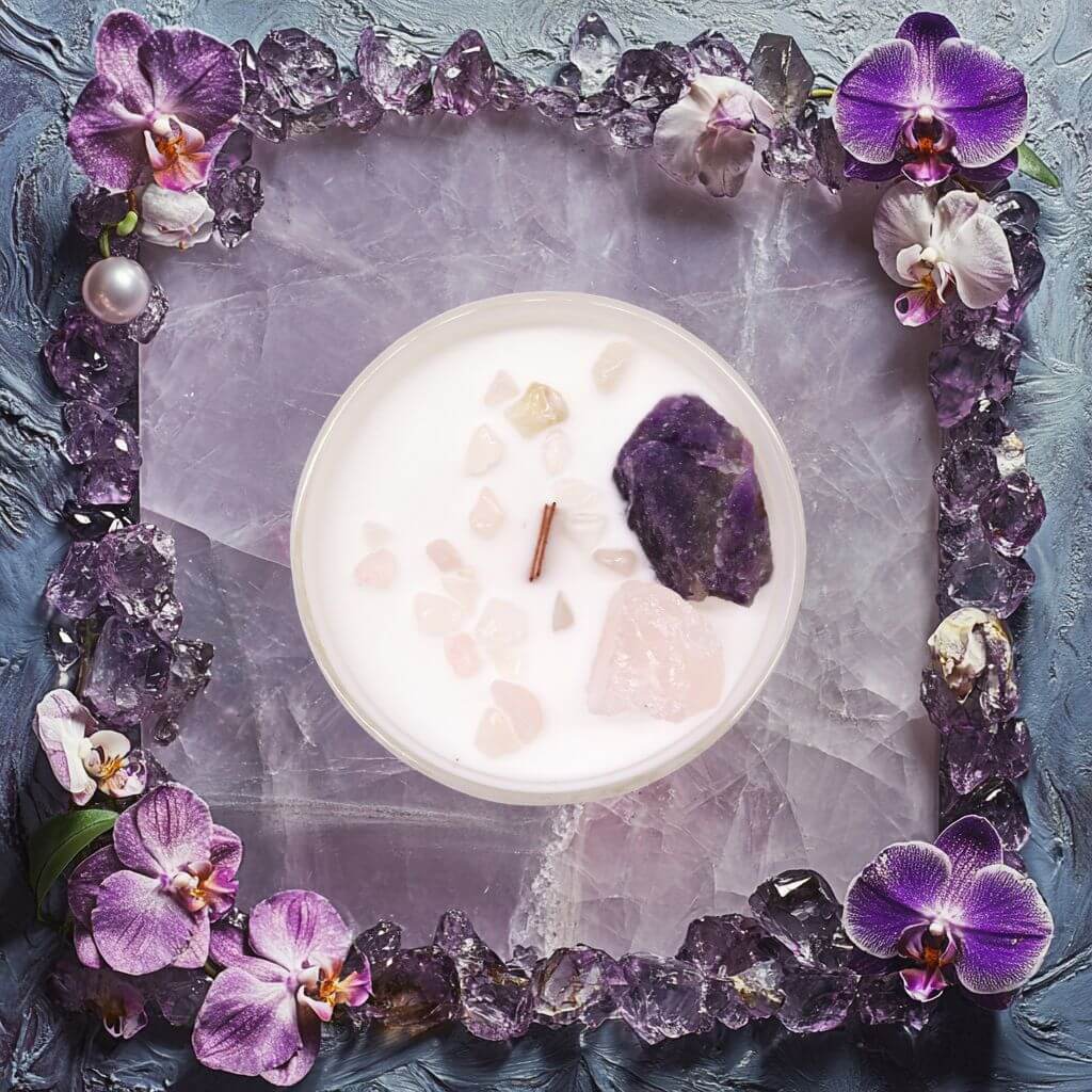 Bougie Chakra du Troisième Œil - Ajna avec pierres naturelle améthyste et quartz rose dans une ambiance luxueuse.