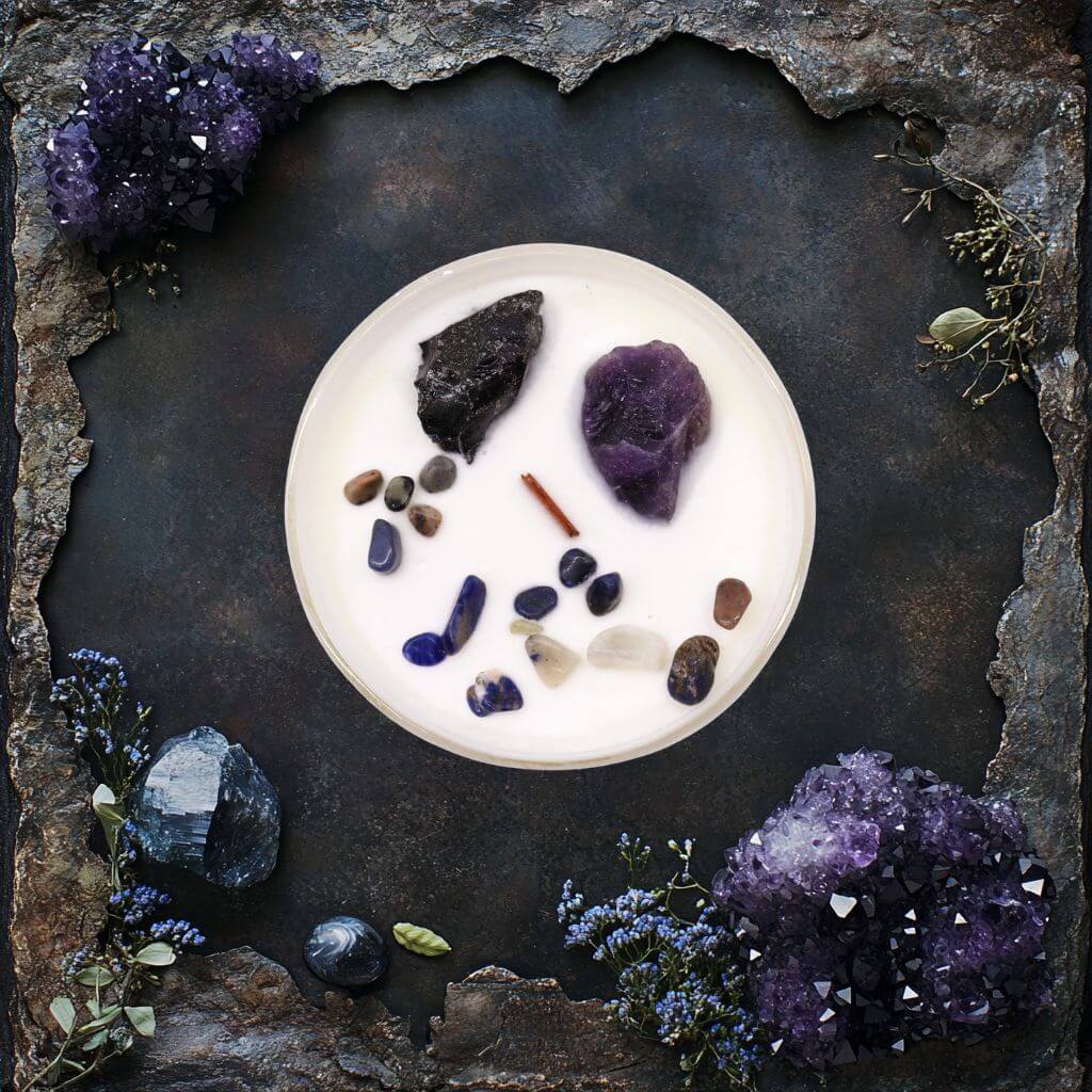 Bougie chakra plexus solaire avec pierre naturelles
