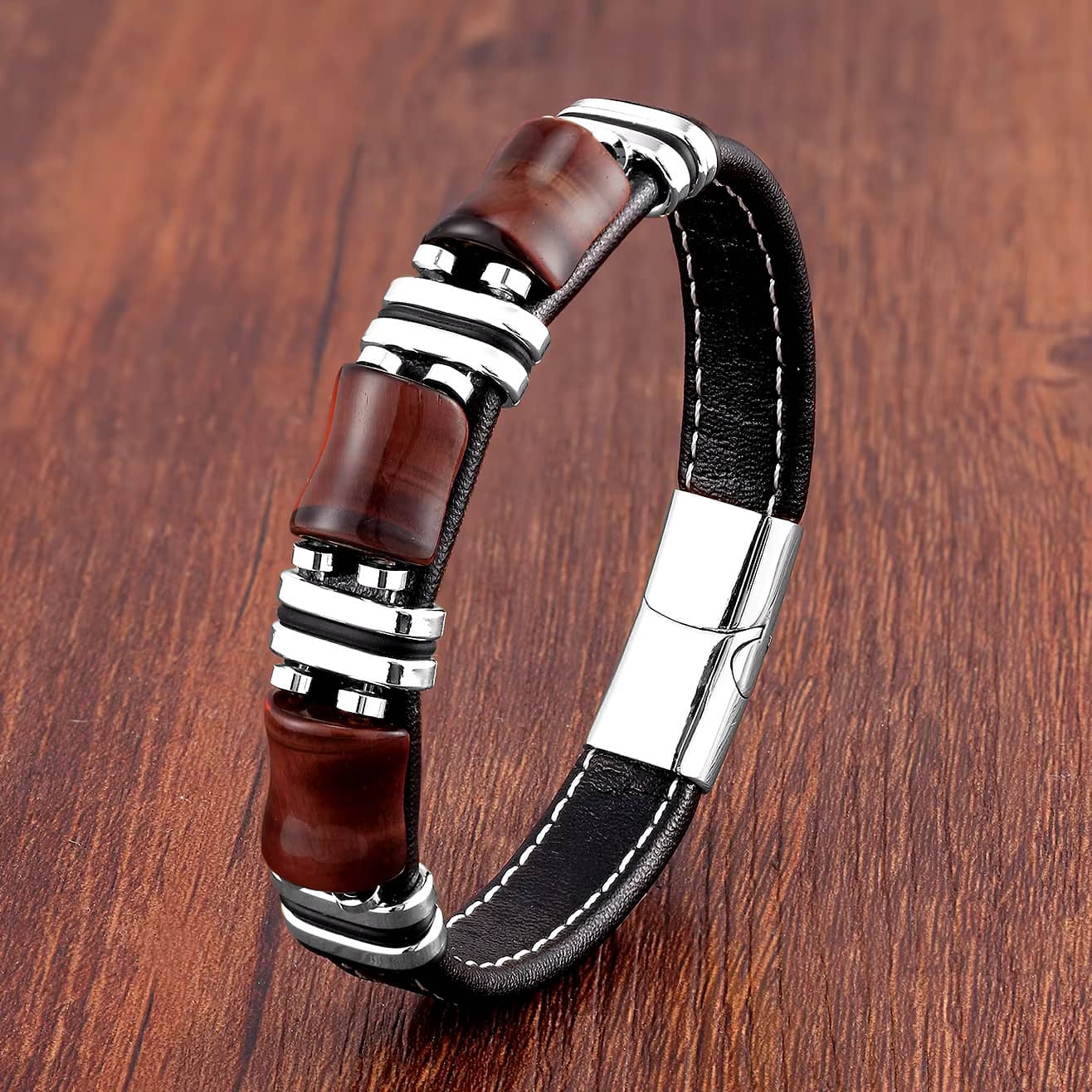 Bracelet homme Oeil de Tigre et cuir