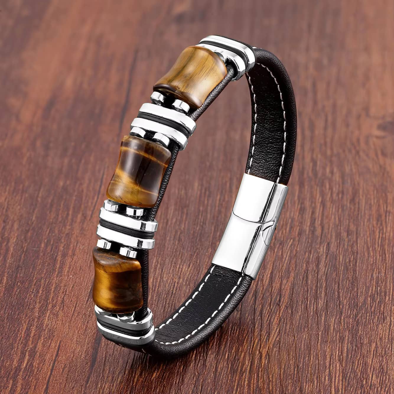 Bracelet homme Oeil de Tigre et cuir
