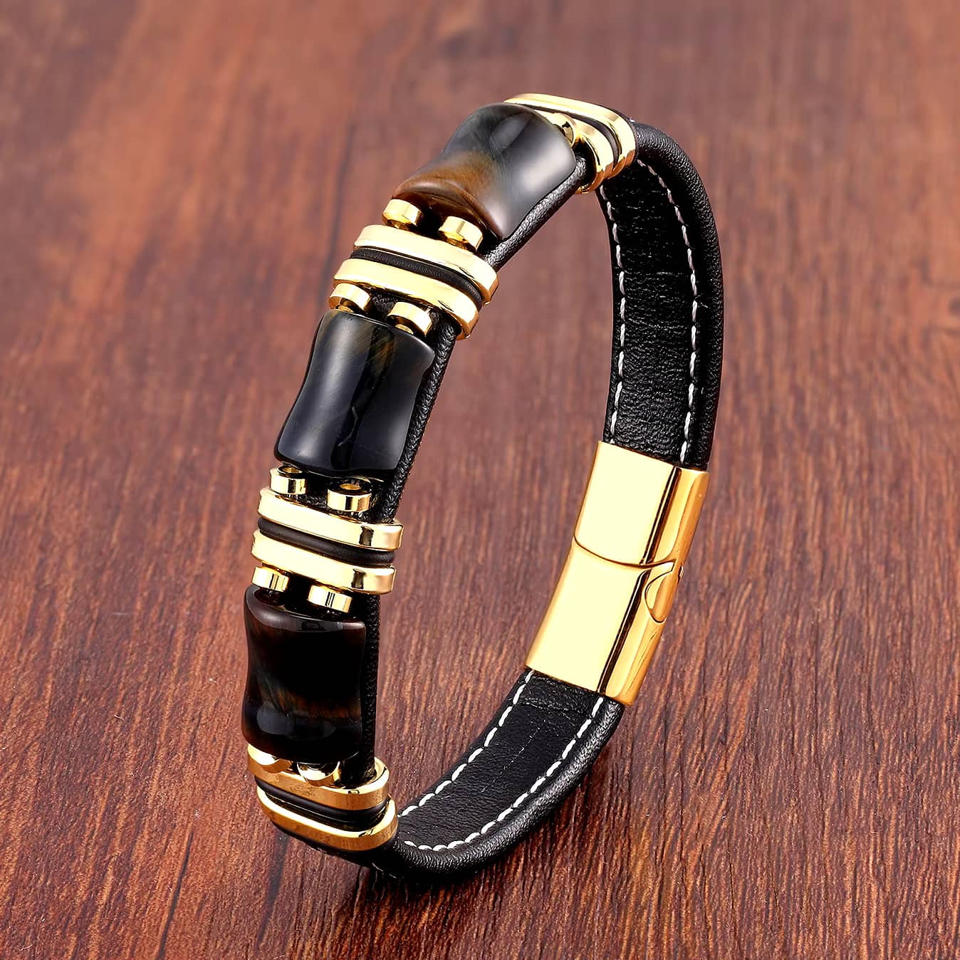Bracelet homme Oeil de Tigre et cuir