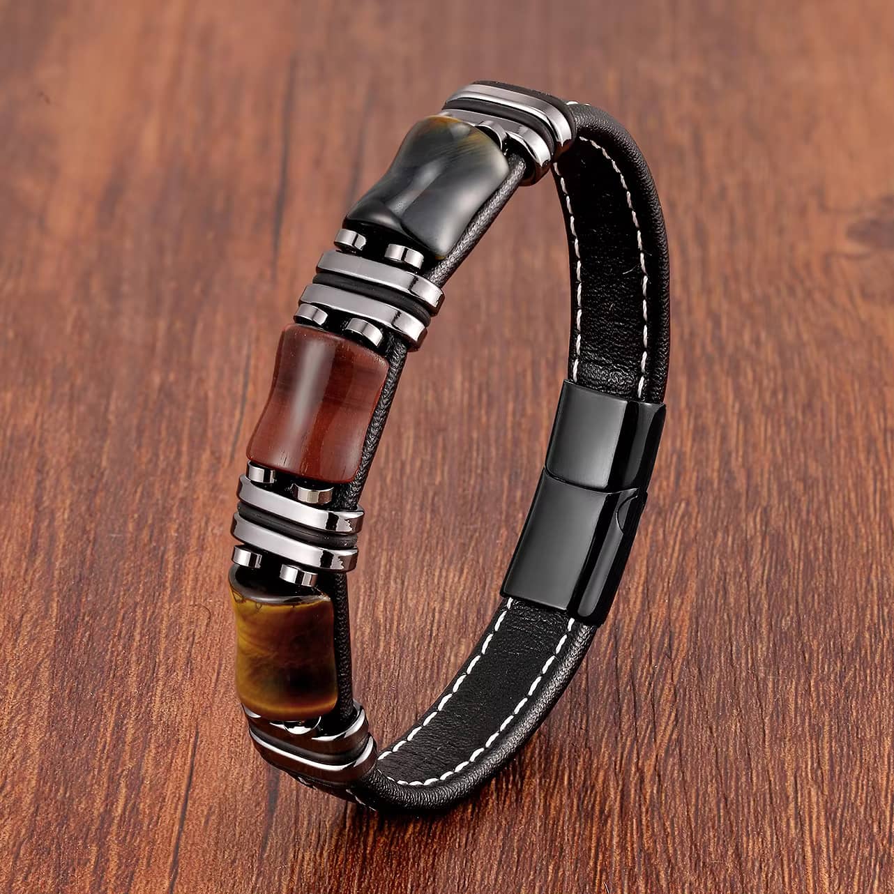 Bracelet homme Oeil de Tigre et cuir