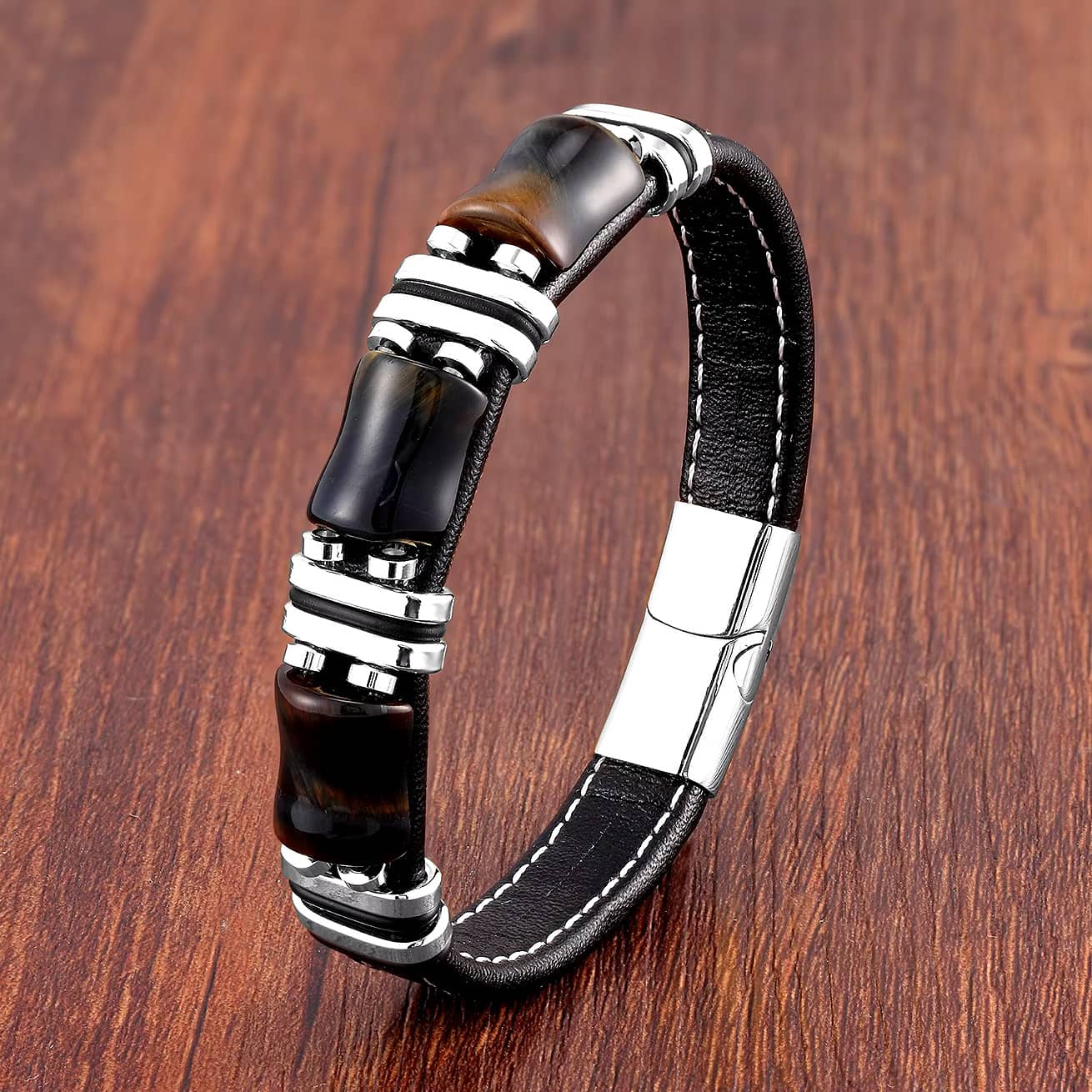 Bracelet homme Oeil de Tigre et cuir