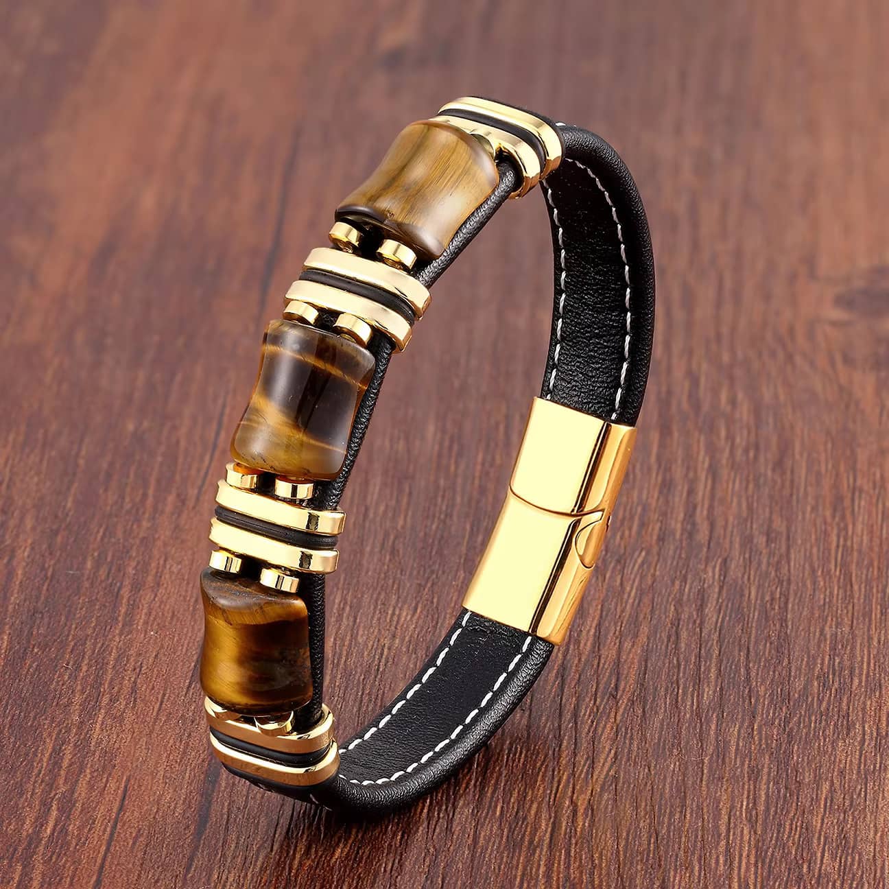 Bracelet homme Oeil de Tigre et cuir