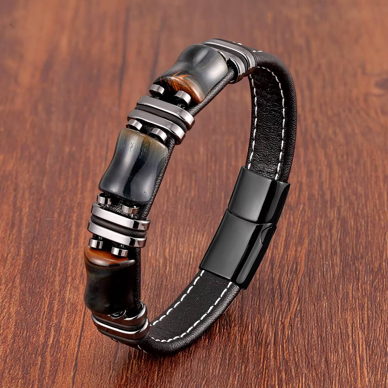 Bracelet homme Oeil de Tigre et cuir
