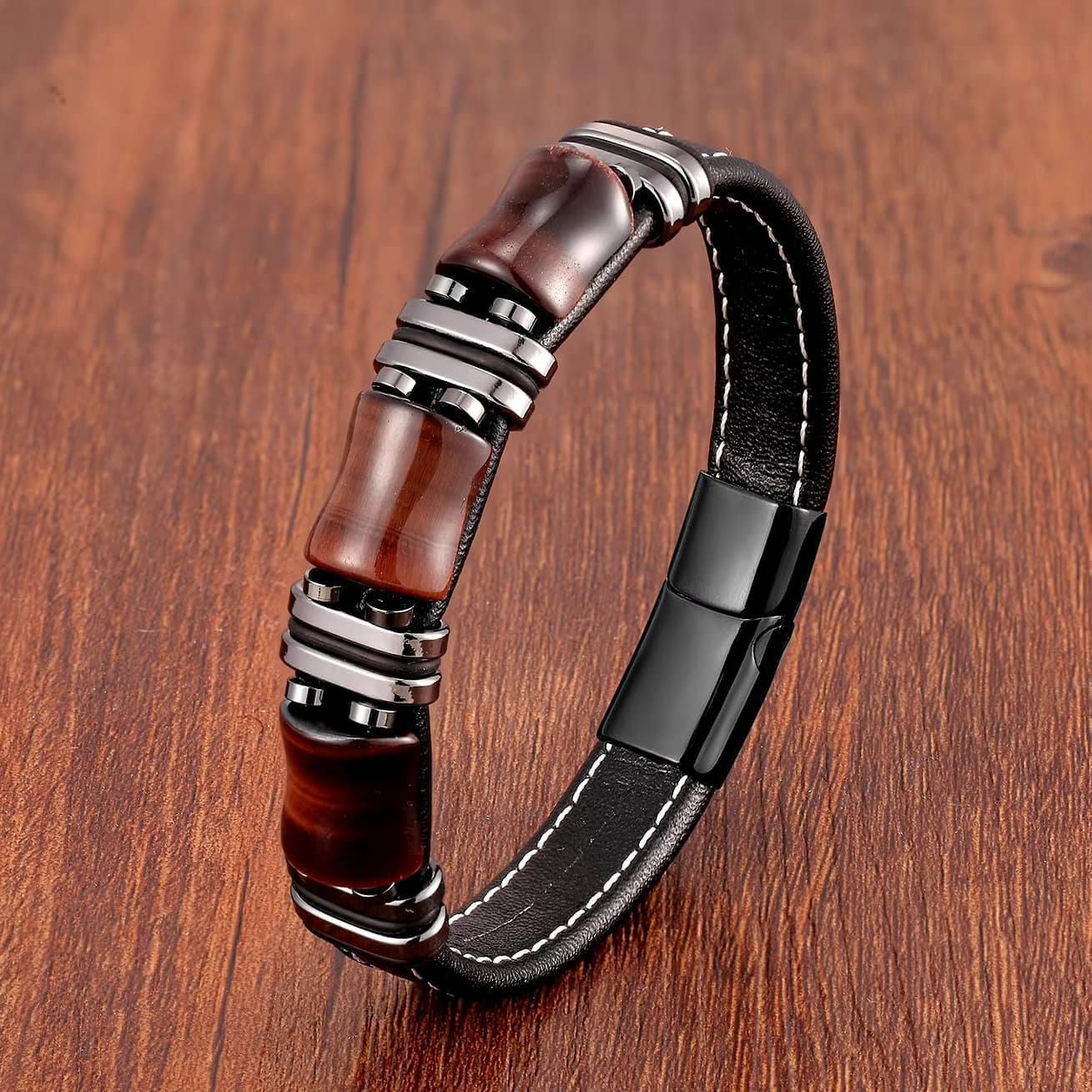 Bracelet homme Oeil de Tigre et cuir