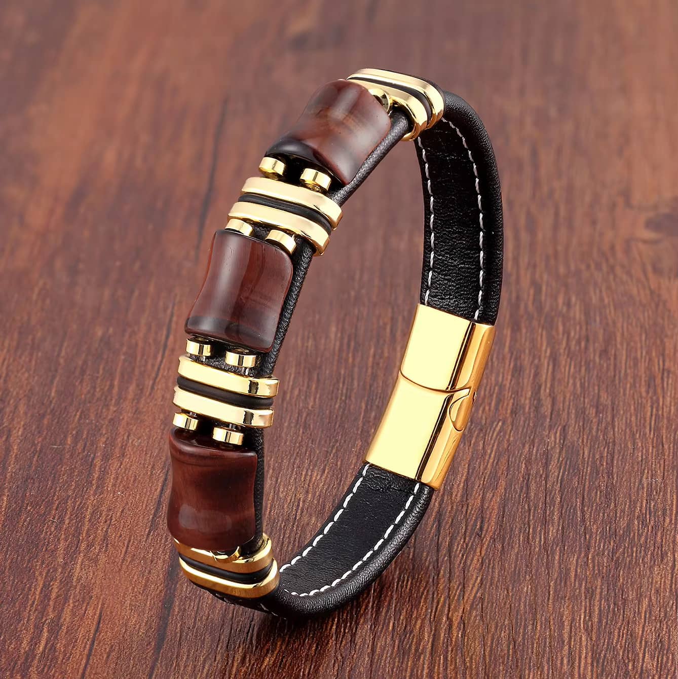Bracelet homme Oeil de Tigre et cuir