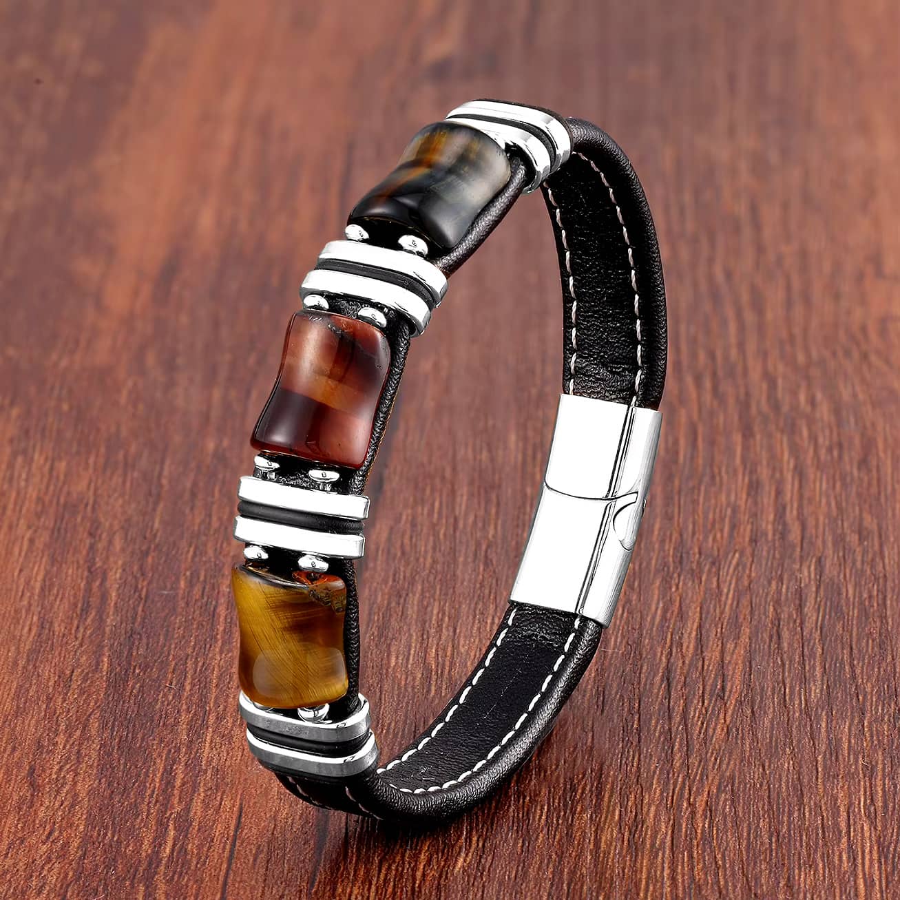 Bracelet homme Oeil de Tigre et cuir