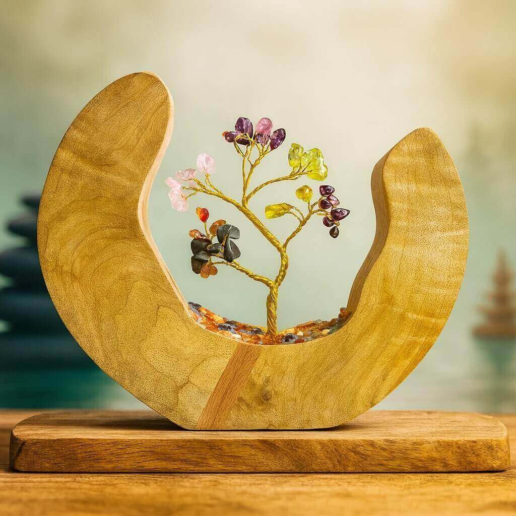 Arbre de Vie des 7 Chakras en pierres naturelles, monté sur une base en bois de manguier en forme de croissant lunaire – décoration spirituelle artisanale.