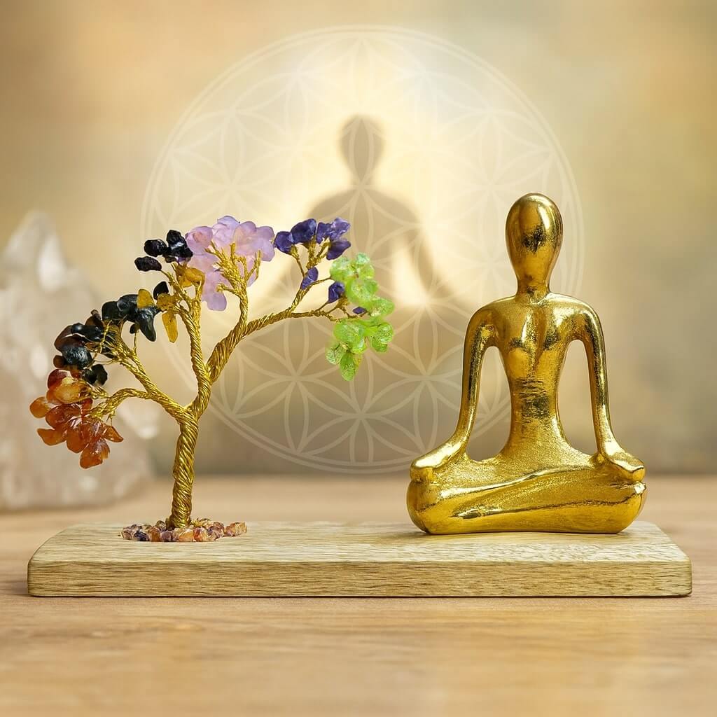 Arbre de Vie 7 Chakras en pierres naturelles avec statue dorée en posture de méditation, socle en bois, décoration spirituelle zen.