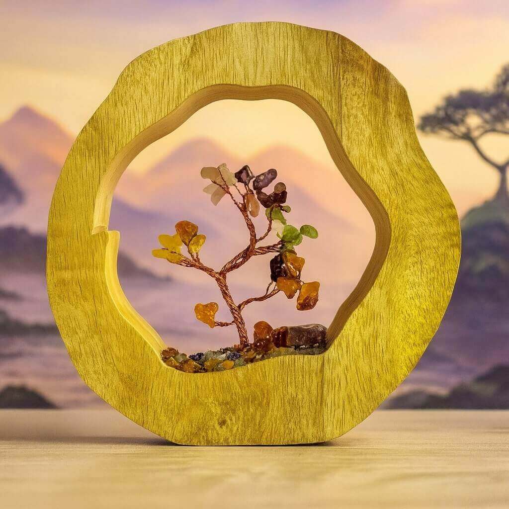 Arbre de Vie aux 7 Chakras en pierres naturelles dans un socle en bois clair, sculpture artisanale porte-bonheur et équilibrante.