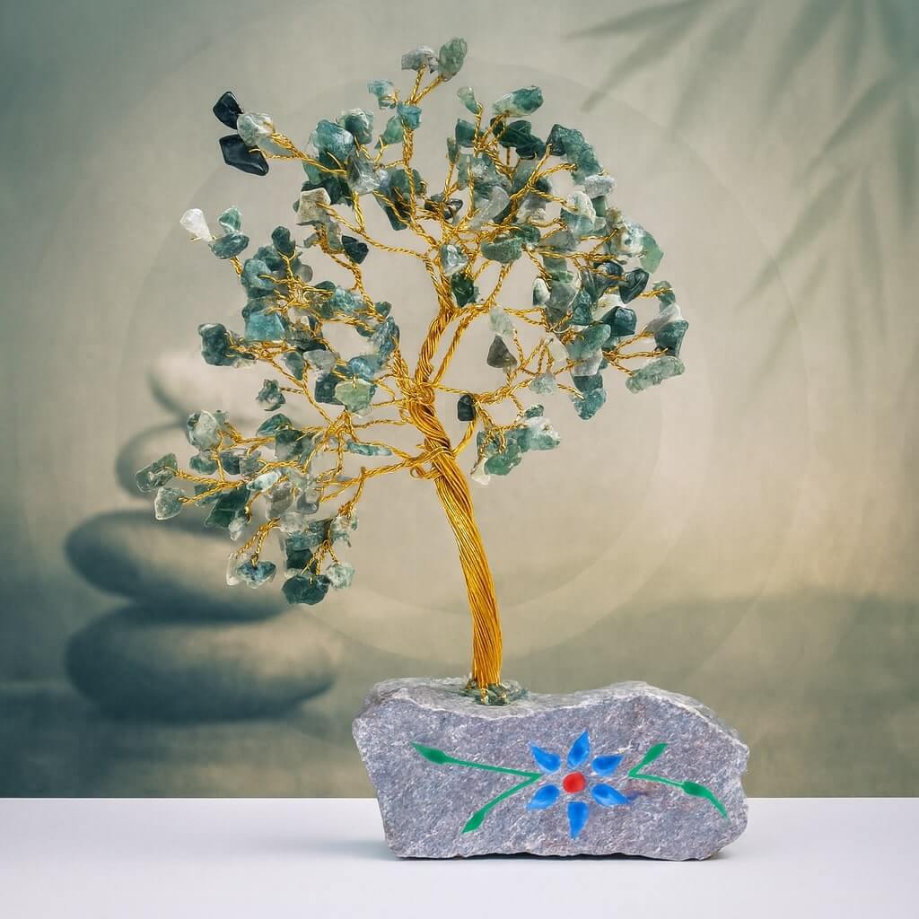 Arbre de Vie Agate Mousse 160 pierres, armature métallique et socle en pierre sculptée – décoration naturelle d’ancrage