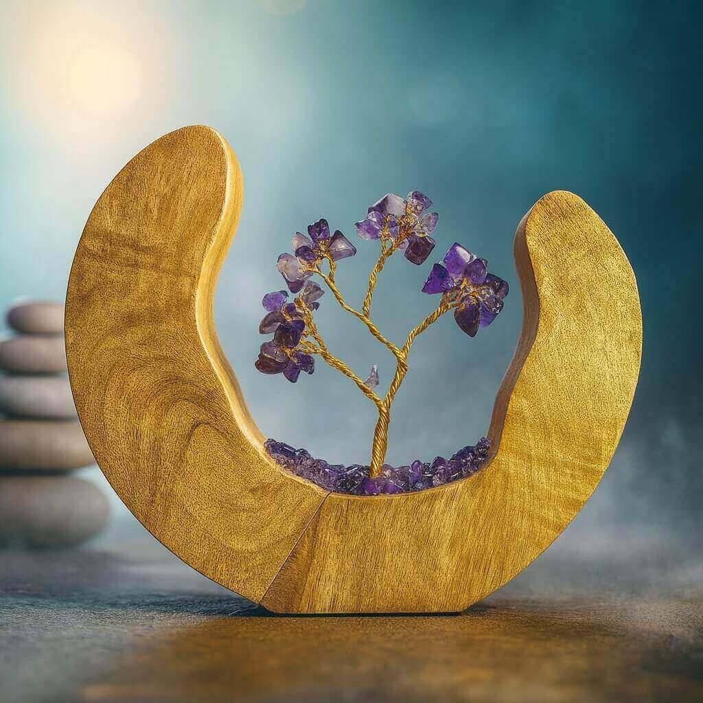 Arbre de vie en améthyste sur tronc doré, inséré dans un croissant de lune en bois sculpté, avec fond zen bleu étoilé.