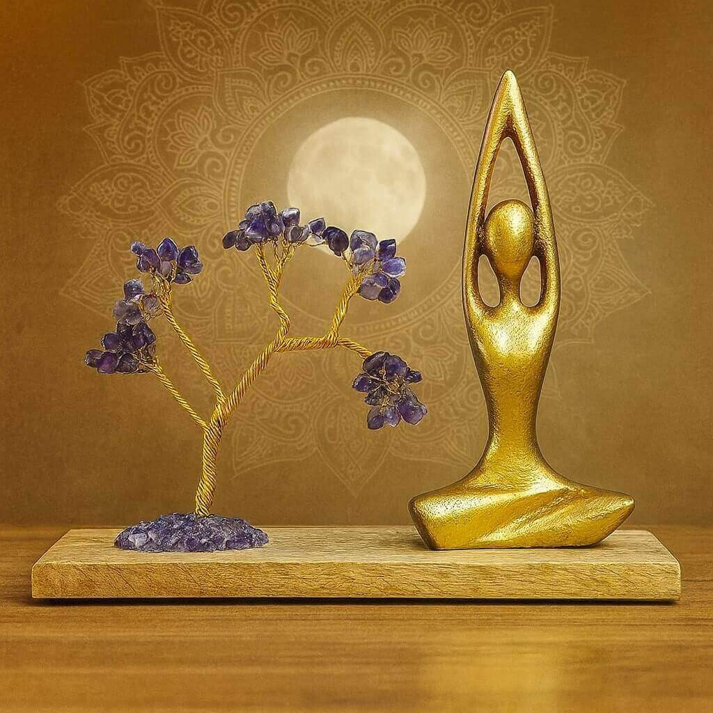 Arbre de Vie Améthyste Sukhasana avec figurine dorée en posture facile, socle en bois – décoration de sérénité et méditation