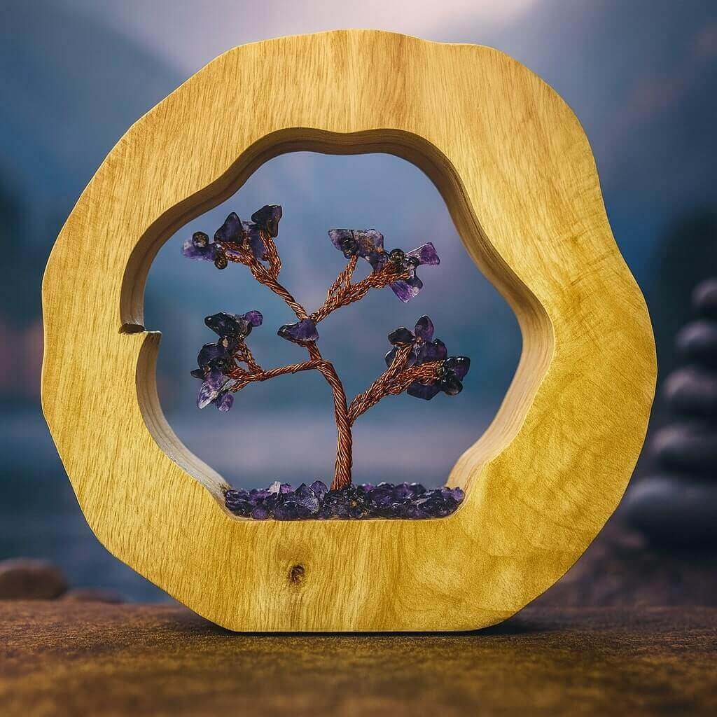 Arbre de Vie en améthyste sur socle en bois clair, création artisanale spirituelle décorative