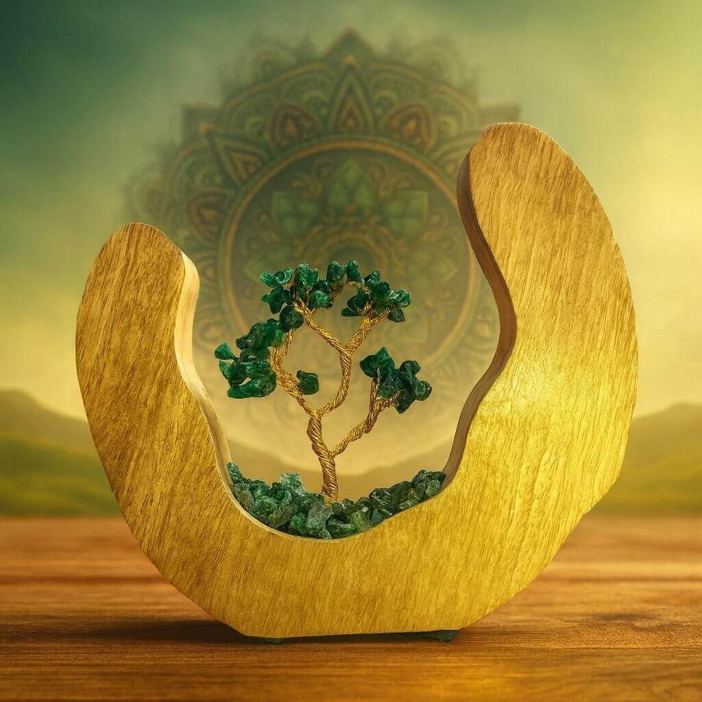 Arbre décoratif en aventurine verte sur tronc doré, inséré dans un croissant de lune en bois sculpté, avec fond zen mandala doré.
