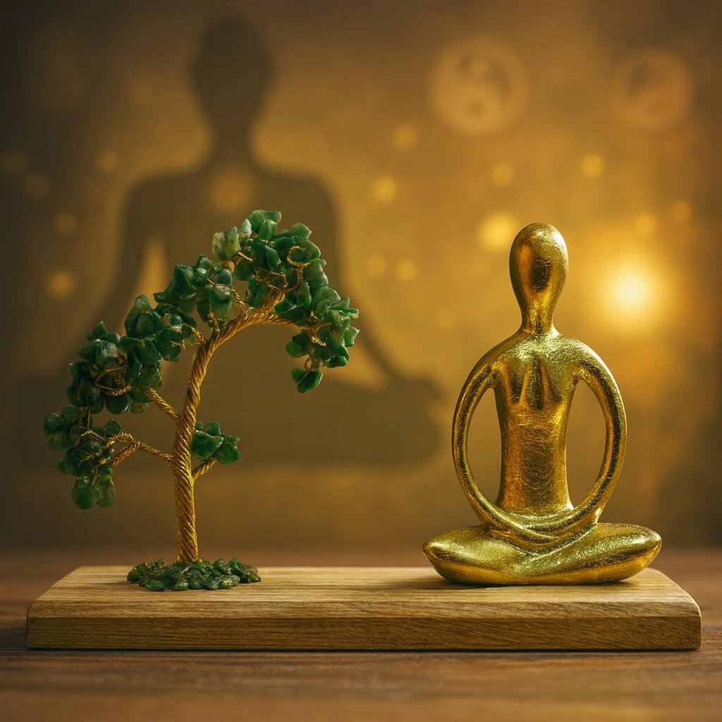Arbre de Vie en aventurine verte et statue dorée en posture de méditation, sur socle en bois, avec fond zen doré et silhouette spirituelle.