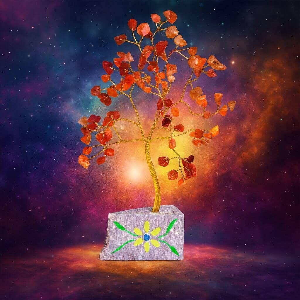 Arbre de Vie en cornaline, 80 pierres naturelles sur socle en pierre, structure dorée, teintes orangées, décoration artisanale.