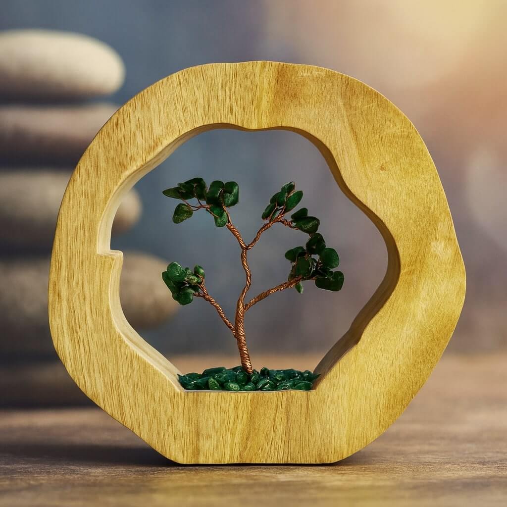 Arbre de vie en aventurine verte sur socle en bois clair, pierres naturelles et fabrication artisanale, décoration zen porte-bonheur.