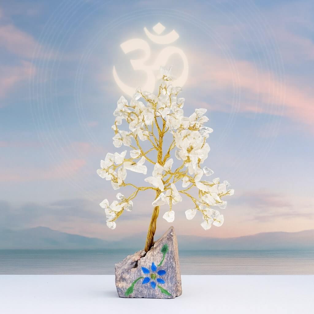 Arbre de Vie en quartz cristal (cristal de roche) avec 160 cristaux transparents, armature métallique et socle en pierre sculptée – décoration lumineuse