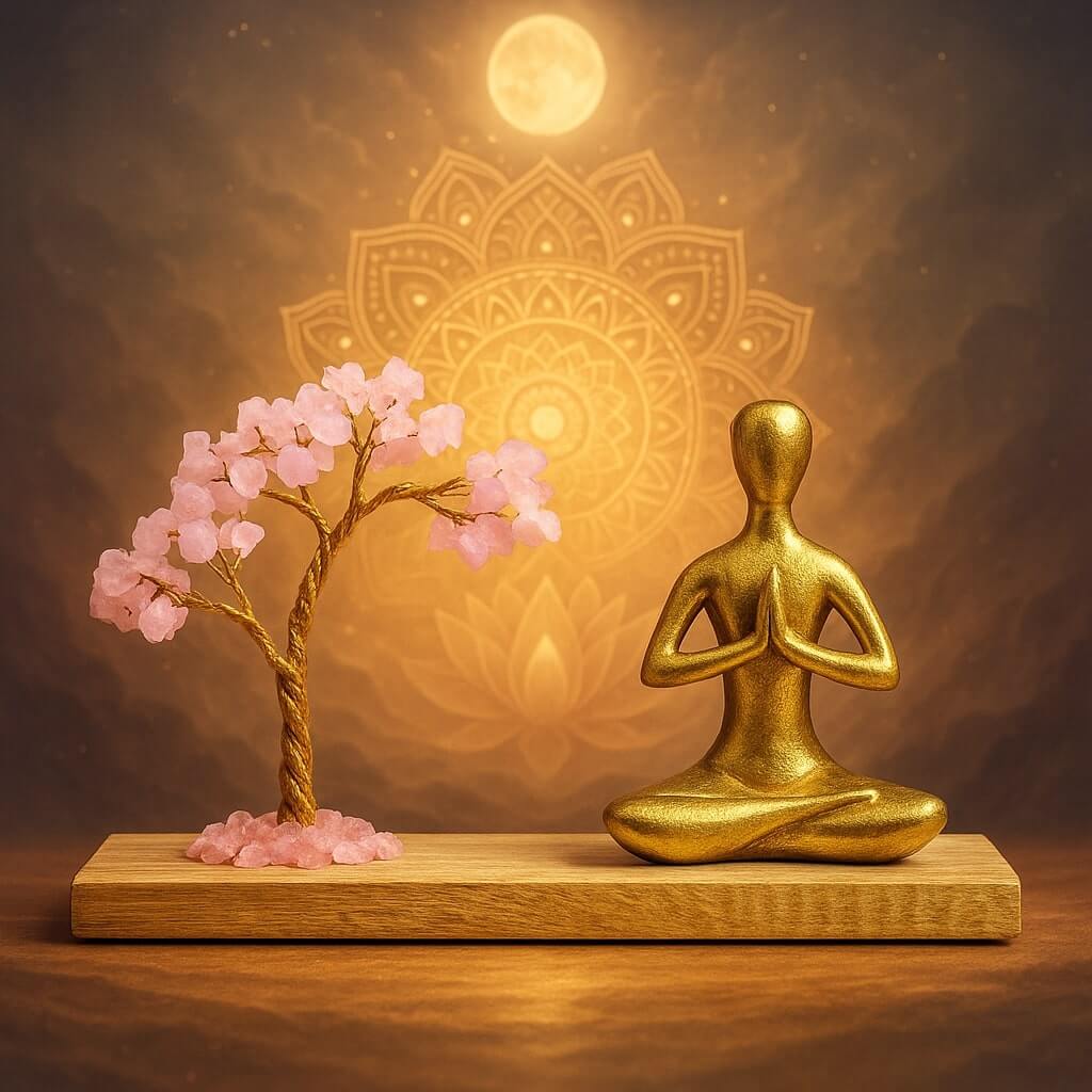 Arbre de Vie Quartz Rose Namaste avec figurine dorée, socle bois – décoration d’amour et compassion
