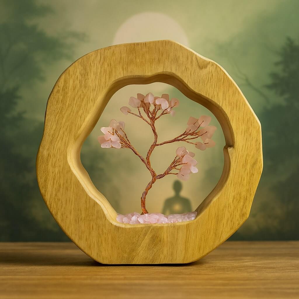 Arbre de vie en quartz rose fait main, monté sur un socle en bois sculpté, décoration spirituelle artisanale.