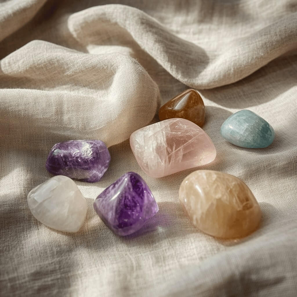 Collection de cristaux et pierres semi-précieuses incluant améthyste, quartz et pyrite disposés élégamment.