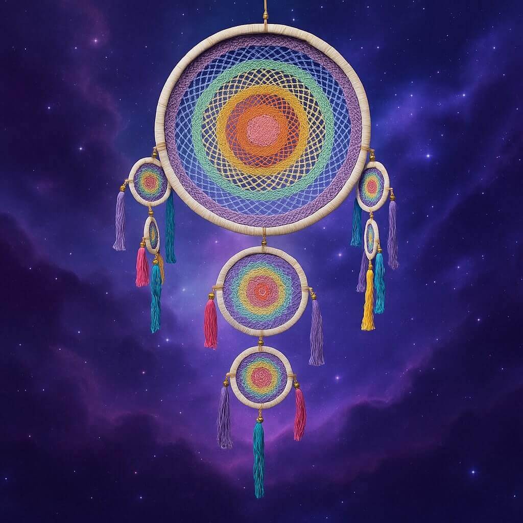 Attrape-rêves arc-en-ciel géant 55 cm en bambou et coton tissé main – Art du Tibet