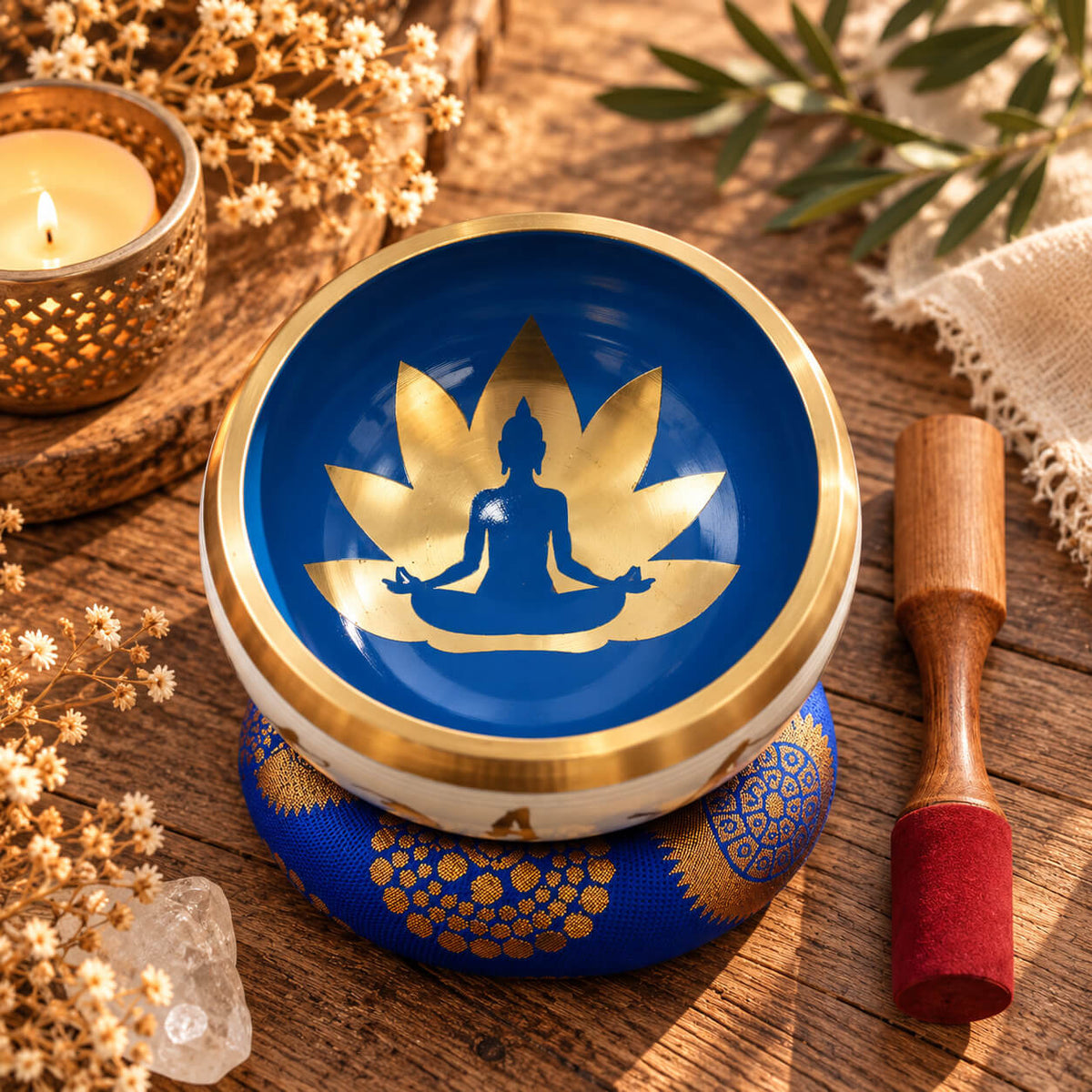Intérieur bleu d'un bol chantant tibétain, Bouddha en méditation sur une fleur de lotus dorée, bâton à embout rouge à côté