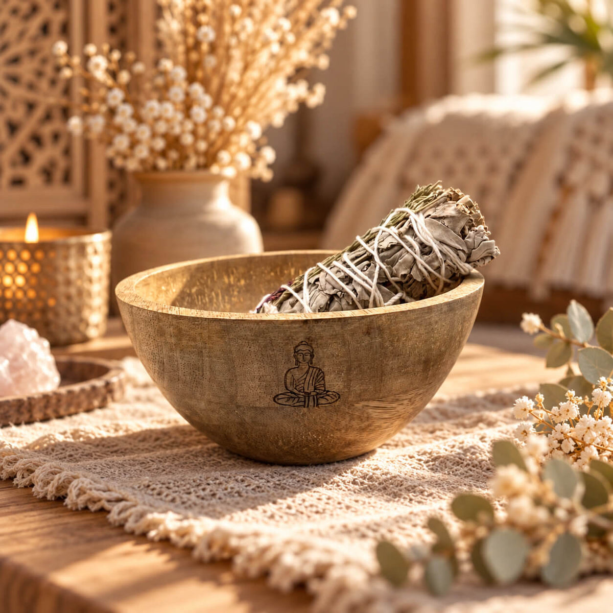 Bol en bois de manguier gravé d'un Bouddha en méditation, un bouquet de sauge blanche posé à l'intérieur