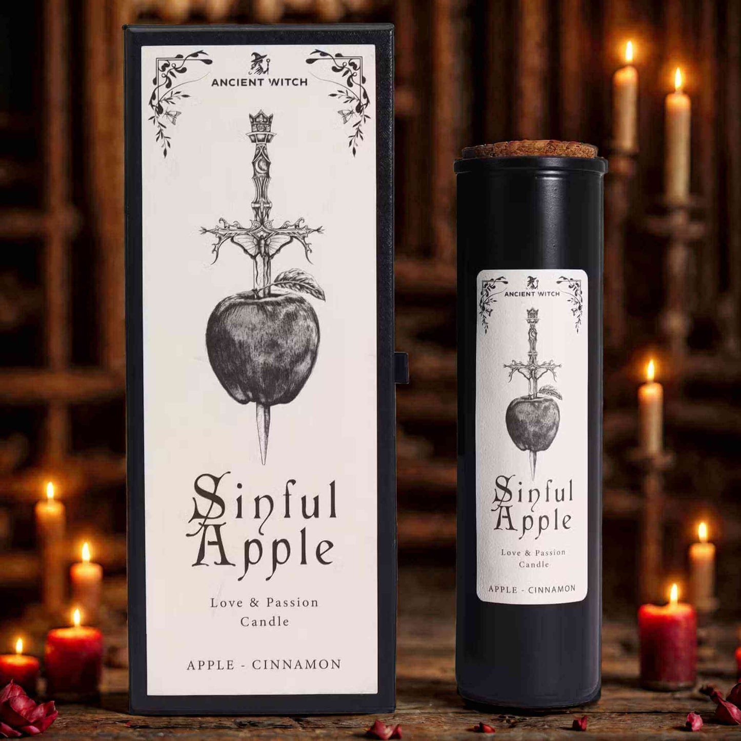 Bougie romantique « Sinful Apple » en cire végétale pomme cannelle, 24 cm, rituel d’amour et de passion, ambiance intime et chaleureuse.