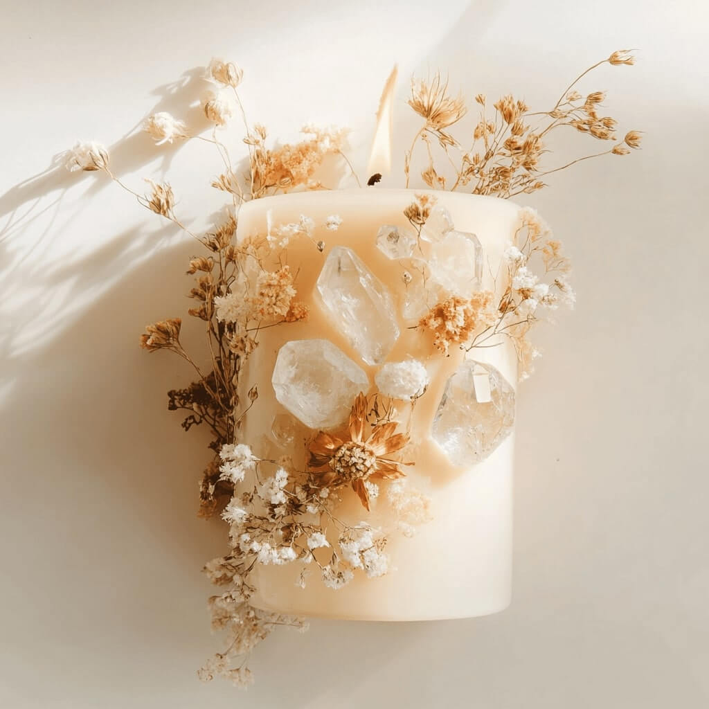 Bougie artisanale ornée de pierres naturelles et fleurs séchées, diffusant une douce lumière dans une ambiance zen.