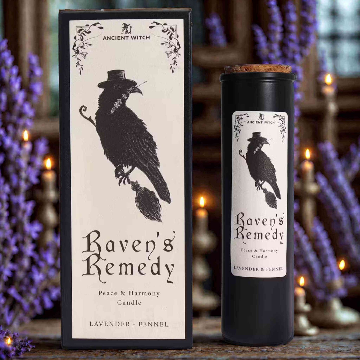 Bougie rituelle artisanale Raven’s Remedy lavande et fenouil, cierge magique apaisant pour méditation, équilibre émotionnel et énergie spirituelle harmonieuse.