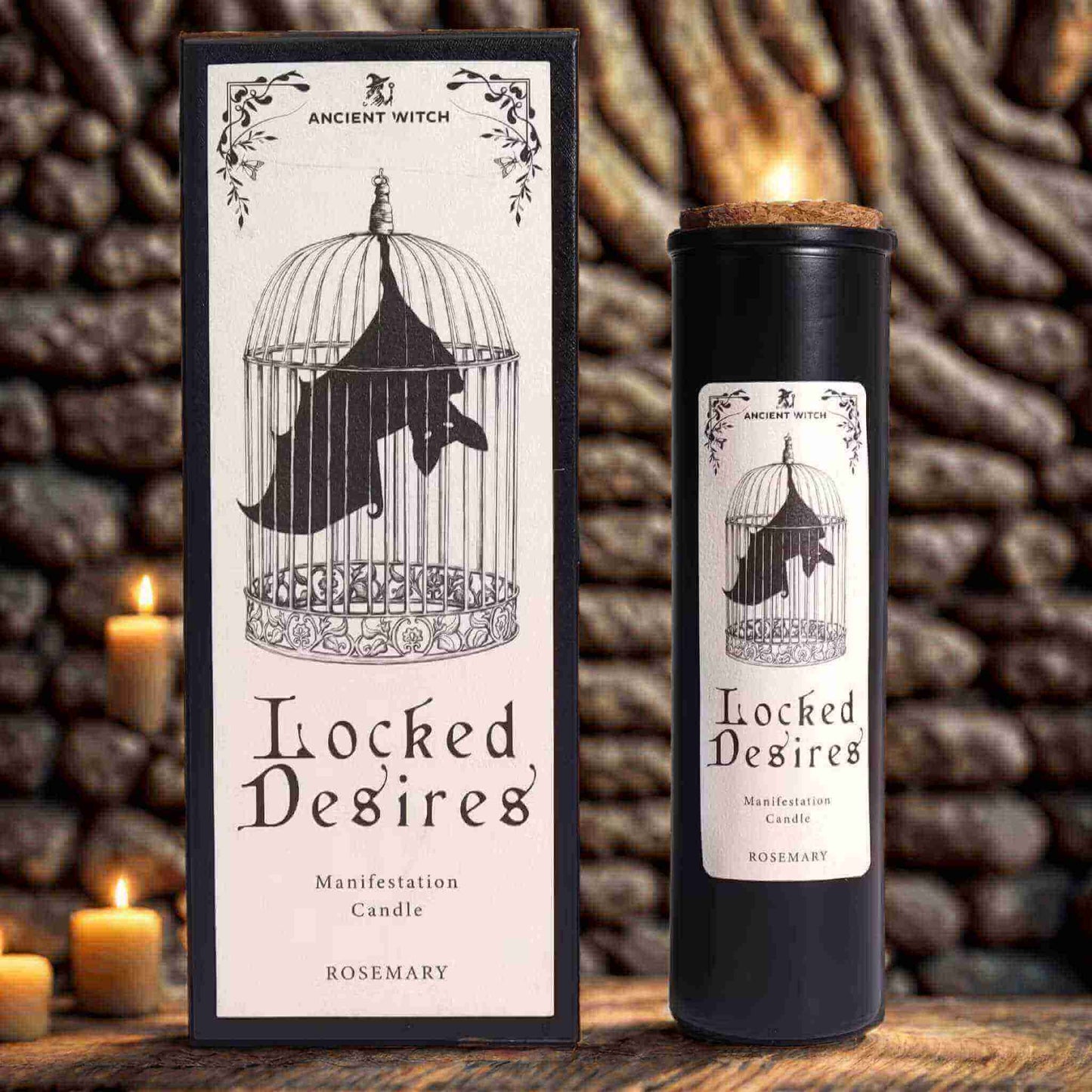 Bougie de manifestation au romarin « Désirs Cachés » 24 cm en cire végétale avec coffret décoratif noir – Art du Tibet.