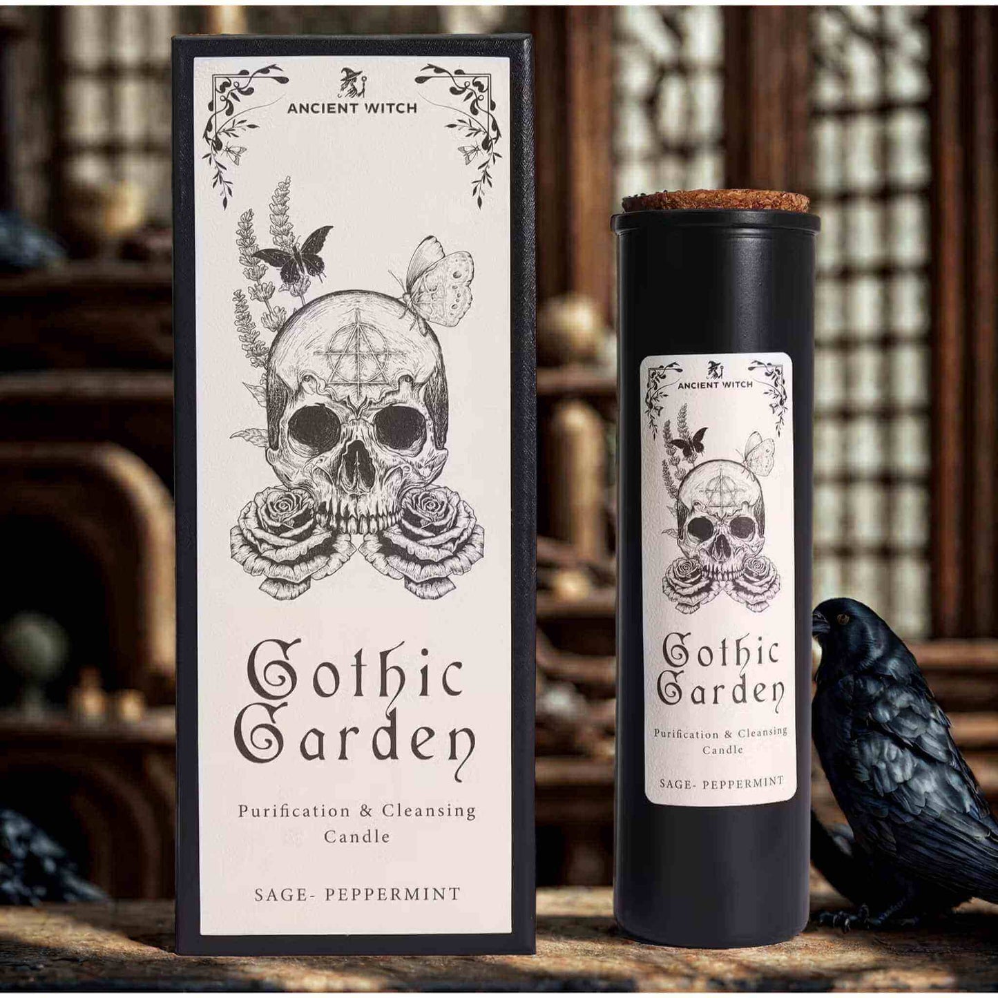Bougie gothique de purification « Gothic Garden » en cire végétale, parfum sauge et menthe poivrée, 24 cm, rituel spirituel de nettoyage et renouveau.