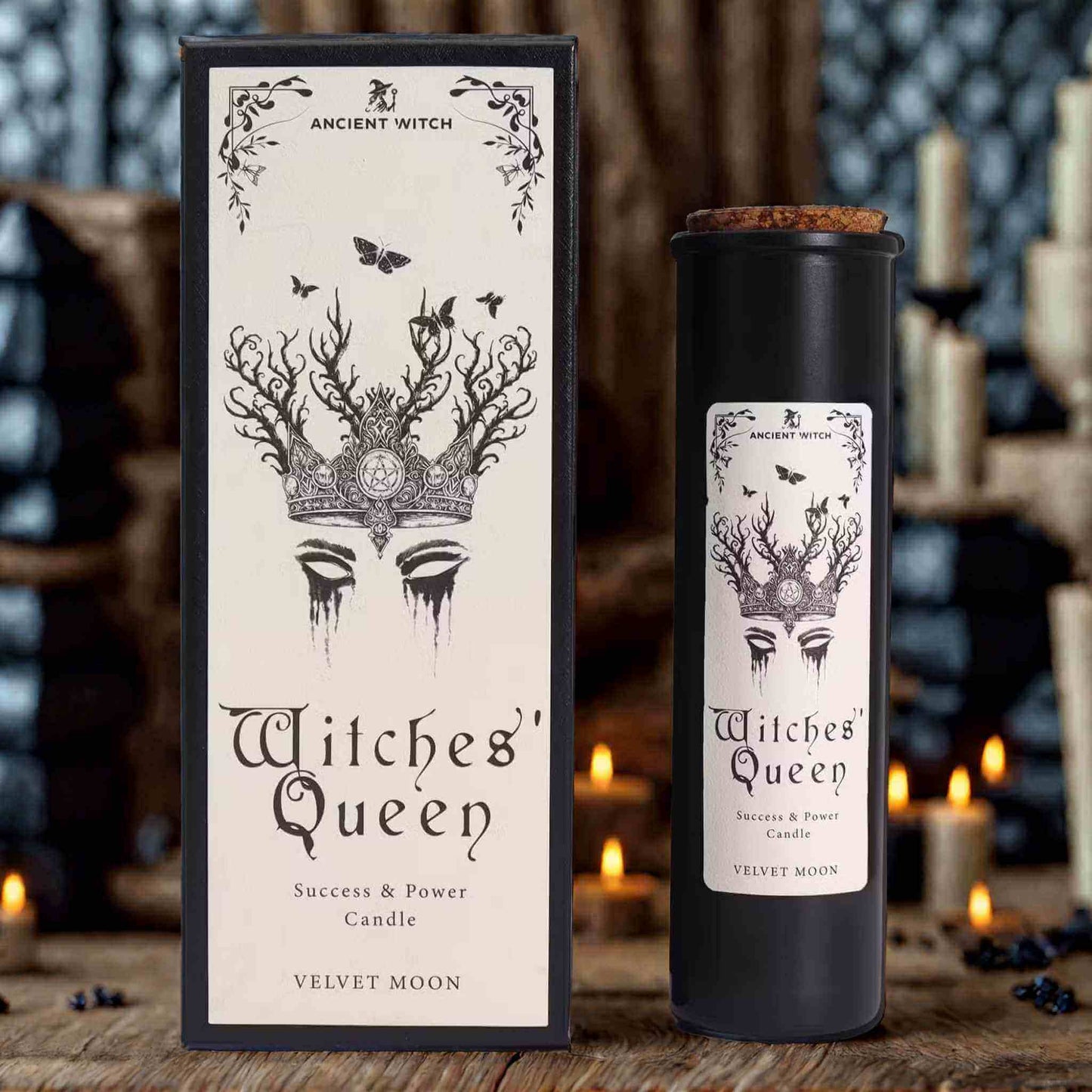 Bougie « Witches’ Queen » Velvet Moon, succès & pouvoir, cire végétale 24 cm.
