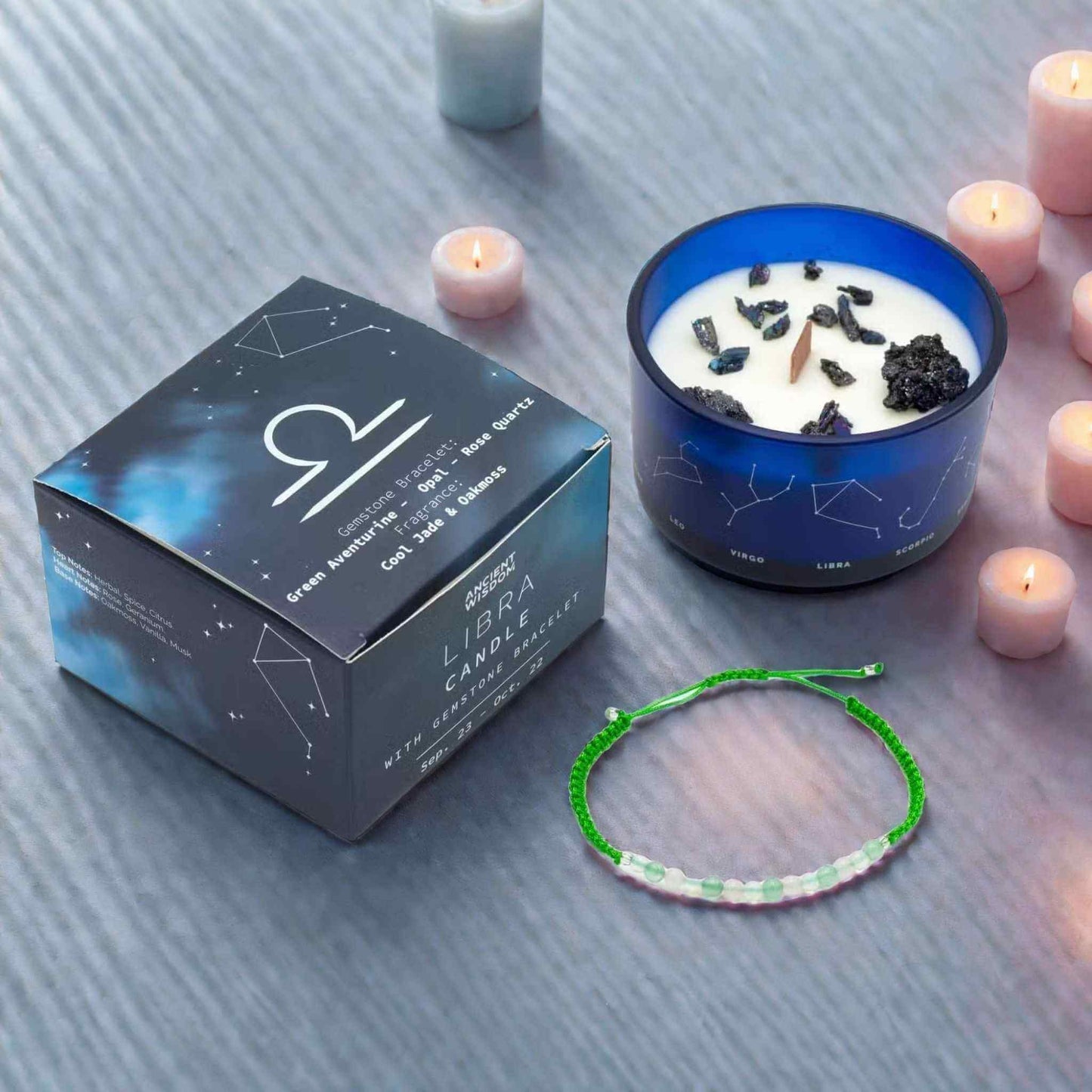 Bougie zodiaque Balance constellation avec bracelet pierres aventurine verte opale et quartz rose.