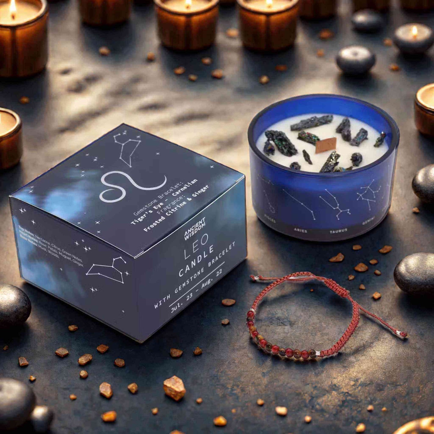 Bougie zodiaque Lion constellation avec bracelet pierres cornaline et œil de tigre.