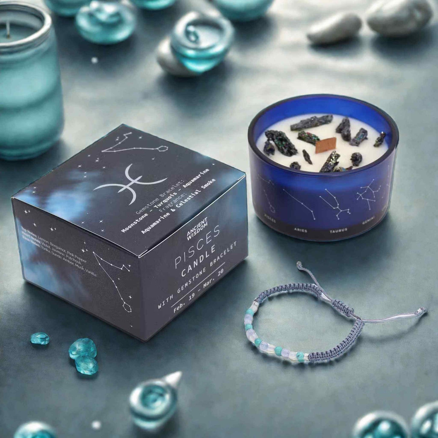 Bougie zodiaque Poissons constellation avec bracelet pierre de lune turquoise et aigue-marine.