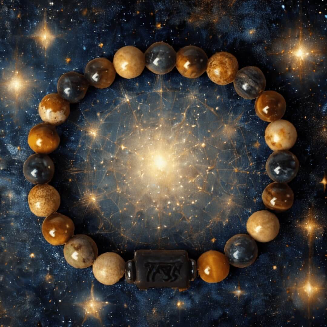 Bracelet astrologique Art du Tibet sur fond d'univers étoilé.