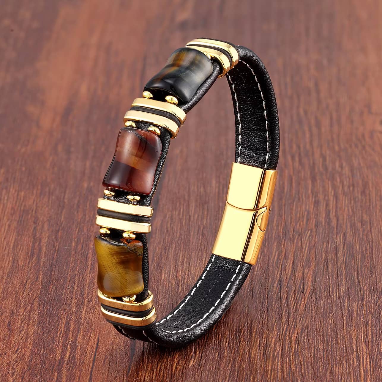 Bracelet homme Oeil de Tigre et cuir