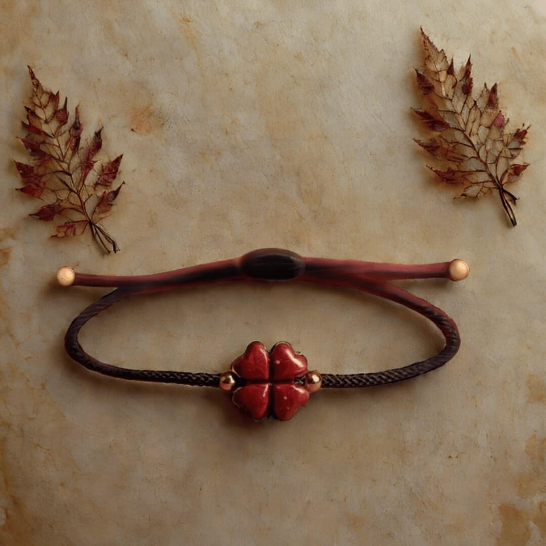 bracelet porte bonheur trèfle 4 feuille en cinabre.