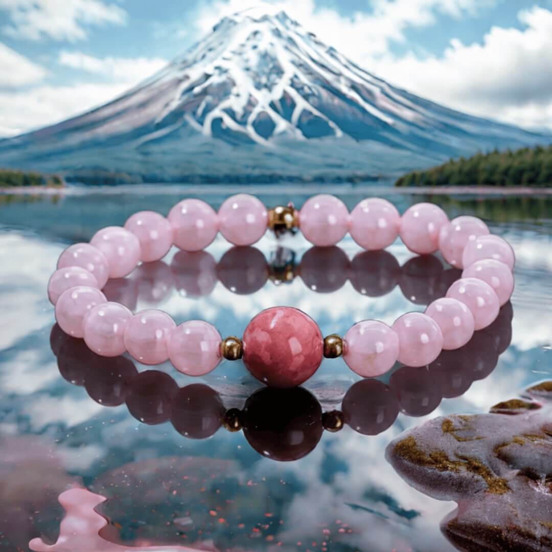 Bracelet en pierres naturelles quartz rose et rhodonite sur fond du Mont.