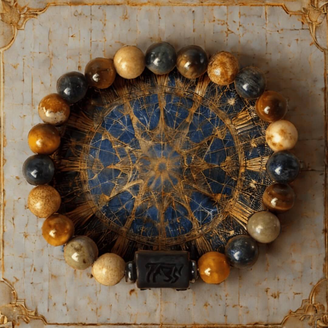 Bracelet astrologique en œil de tigre et jaspe sur fond de carte astrologique antique.