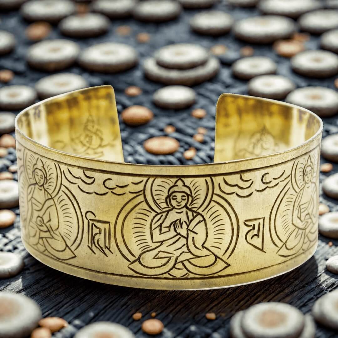 Bracelet tibétain en laiton gravé avec cinq Bouddhas et mantras sacrés, photographié sur fond traditionnel.