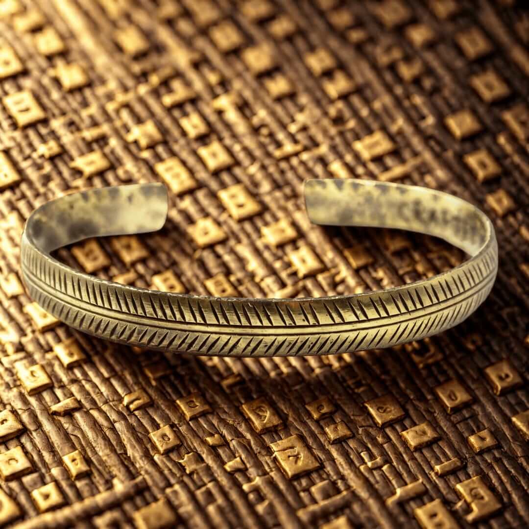 Bracelet tibétain en laiton avec gravures chevrons, photographié sur tissu ancien aux motifs géométriques dorés.
